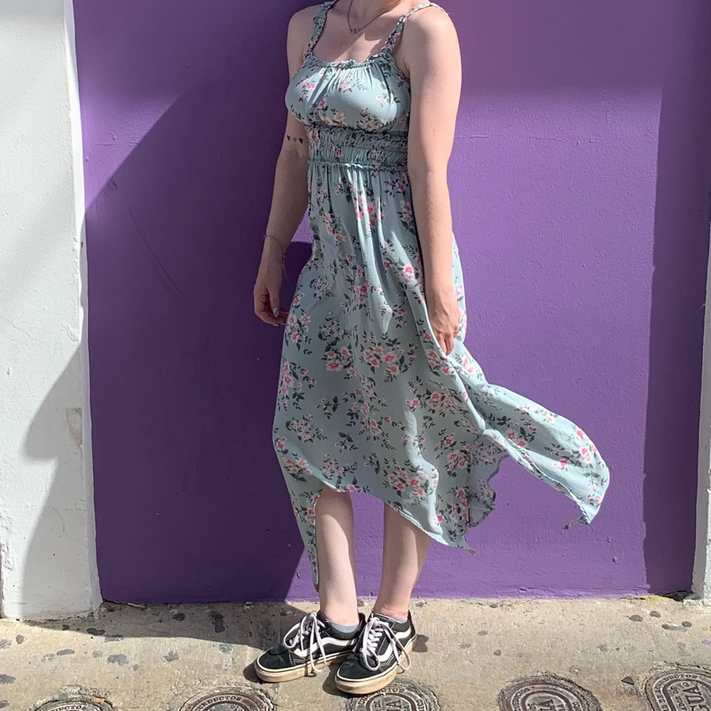 Green Floral Asymmetrical Hem Sundress